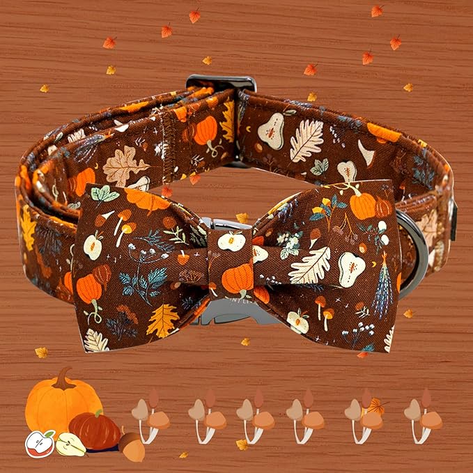 Elegant little tail Halloween Dog Collar, Ghosts Print Pumpkin Pet Collars with Bow Puppy Collar Bowtie Female or Male Cotton Adjustable Collars for Small Medium Large Dogs