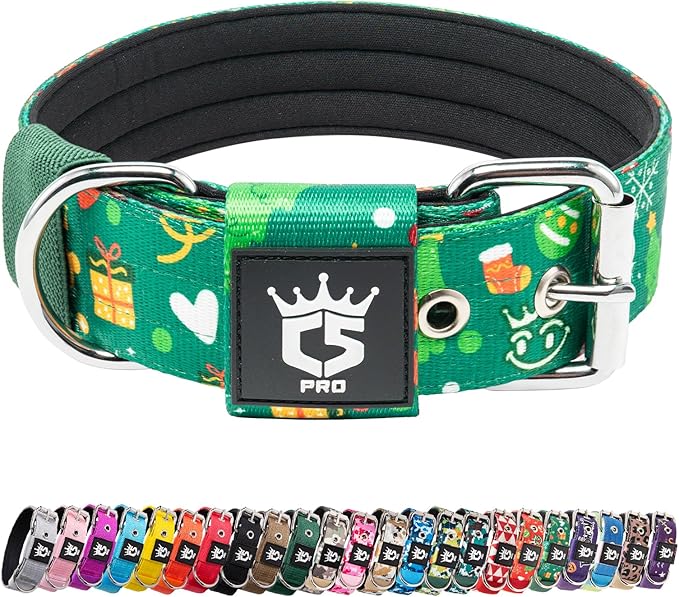 TSPRO Tactical Dog Collar 1.5 Inch Wide Thick Dog Collars with Heavy Duty Metal Buckle, Durable, Strong, Adjustable for Medium to Large Dogs (Christmas Green L)