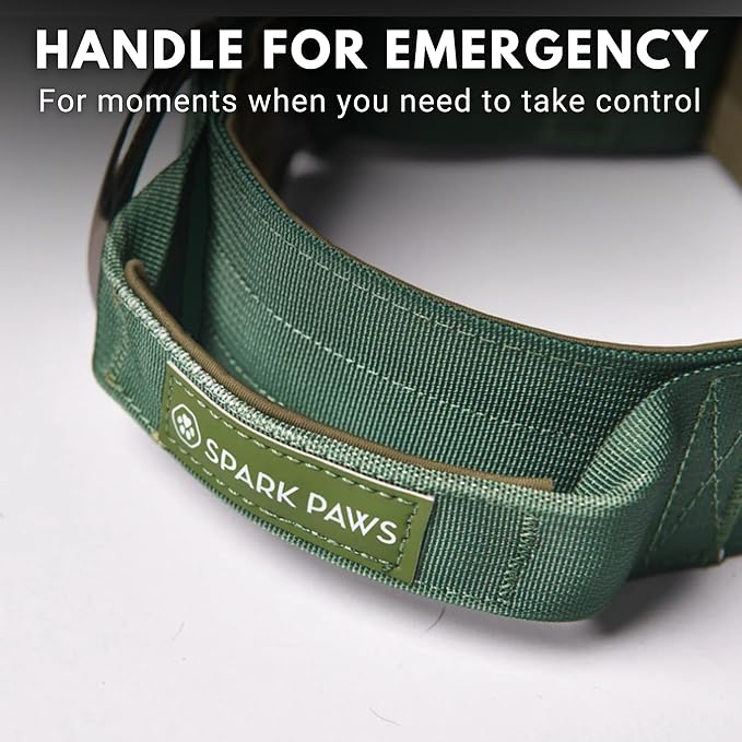 Spark Paws Tactical Dog Collar - Heavy Duty, Premium Quality, Thick and Durable for Large and Medium Dogs - Solid Green - L