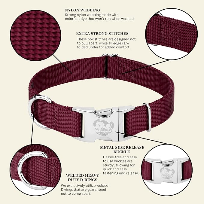 Country Brook Petz - Premium Nylon Dog Collar with Metal Buckle for Small Medium Large Breeds - 10+ Warm Colors (Medium, 3/4 Inch, Burgundy)