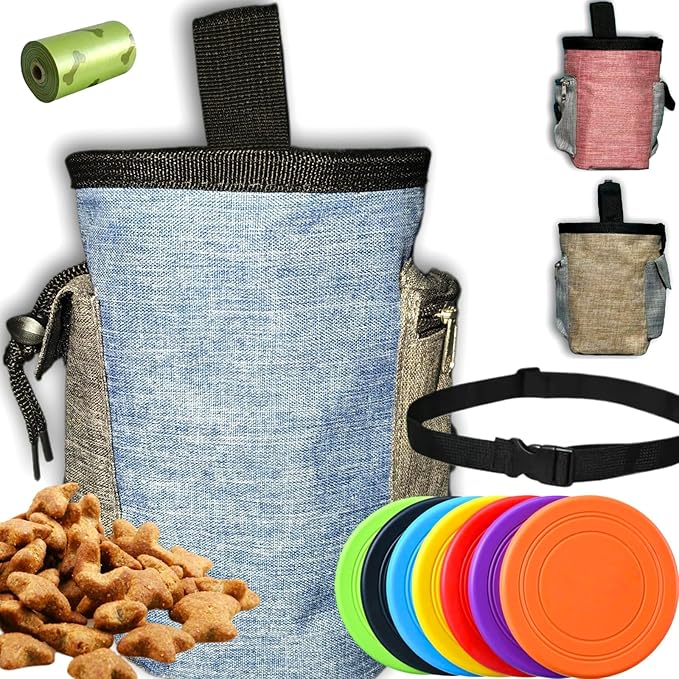 4-in-1 Dog Treat Pouch-3-Way Waterproof Cationic Linen Bag with Side Pockets & Compact Design Holds 3 Cups for Outdoor/Hiking with Poop Bag, Adjustable Belt & Silicone Flying Disc (Pink)