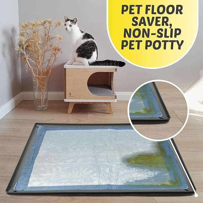 TidyFriend Puppy Pad Holder Tray Fits for 28” x 30” Pee Pads with Corner Lock Holes, Raised Edges, Non-Spill, Easy to Clean Silicone Puppy Potty Tray Holder, for Indoor Floor Protection (Grey)