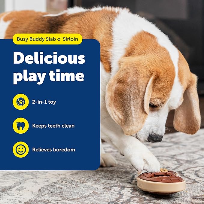 PetSafe Busy Buddy Slab o’ Sirloin Dog Toys – Treat Ring Holding Chew Toy – BPA Free Rubber – Beef Scented – Interactive Pet Puzzle for Boredom or Separation Anxiety – Small to Large Dogs