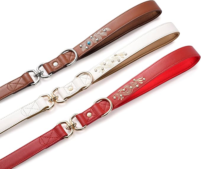 Blueberry Pet Western Cowboy Premium Brown Leather Dog Leash with Decorative Floral Design
