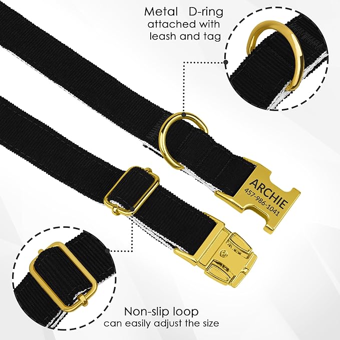 Personalized Dog Collar with Gold Metal Buckle, Velvet Custom Dog Collars for Small, Medium & Large Dogs – Puppy Collars with Metal Buckle, 4 Sizes, 8 Colors (Black, L, 15"-19")