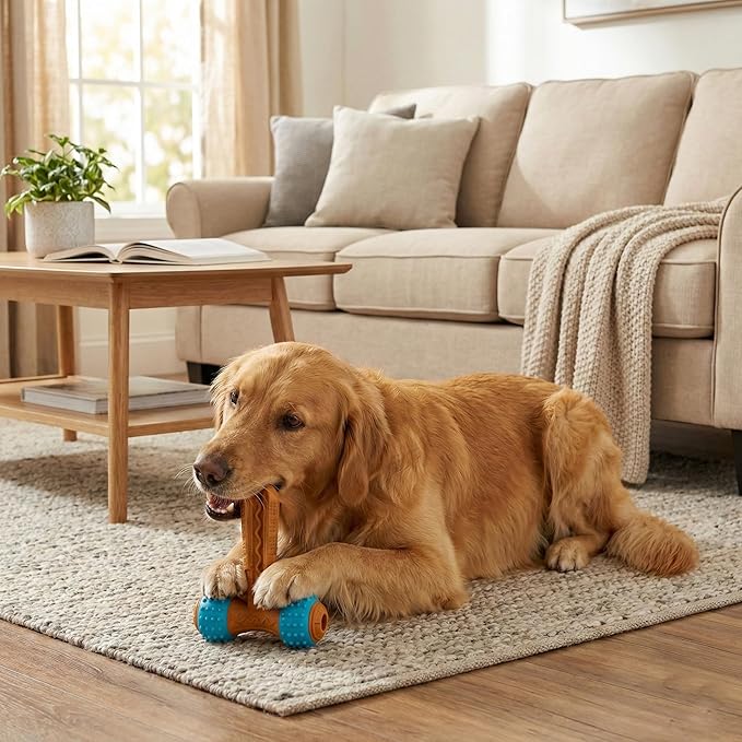 SPOT Bam-Bones Plus Gigglers T-Barbell Durable Dog Chew Toy with Sounds, Bamboo Fiber & Nylon with Rubber Ends, Peanut Butter Flavor, Non-Splintering, for Heavy Chewers & Dogs Under 50 Lbs, 6 Inch