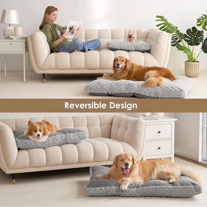 EHEYCIGA Washable Large Dog Bed for Crate 35x23 Inch, Reversible Kennel Pad for Dogs Weight Up to 45 lbs, Plush and Comfy Pet Sleeping Mat, Grey