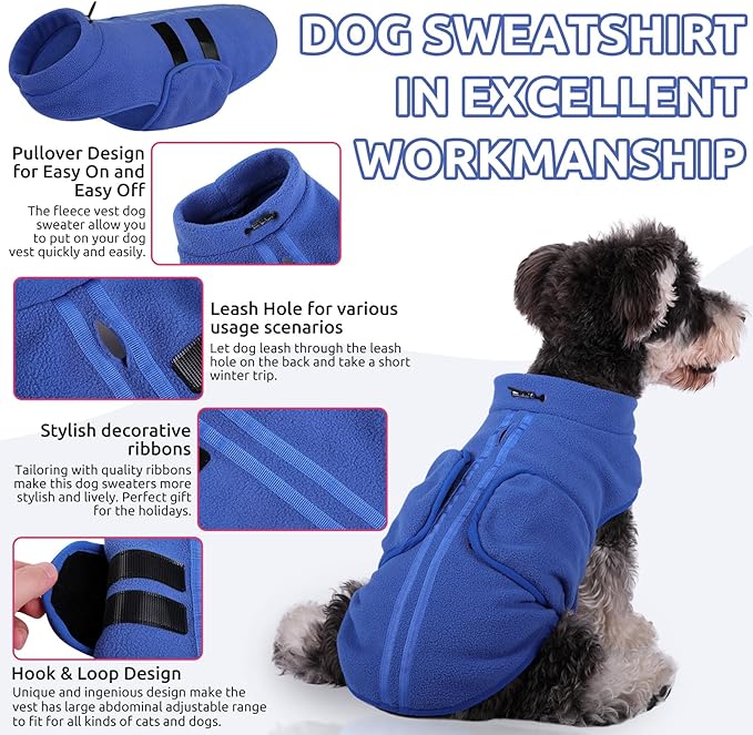 Queenmore XXL Dog Sweater, Soft Fleece Vest Pullover Jacket with Leash Hole, Warm Winter Coats for Cold Weather - Dachshund & Cat Sizes - Boy & Girl (Blue, XXL)