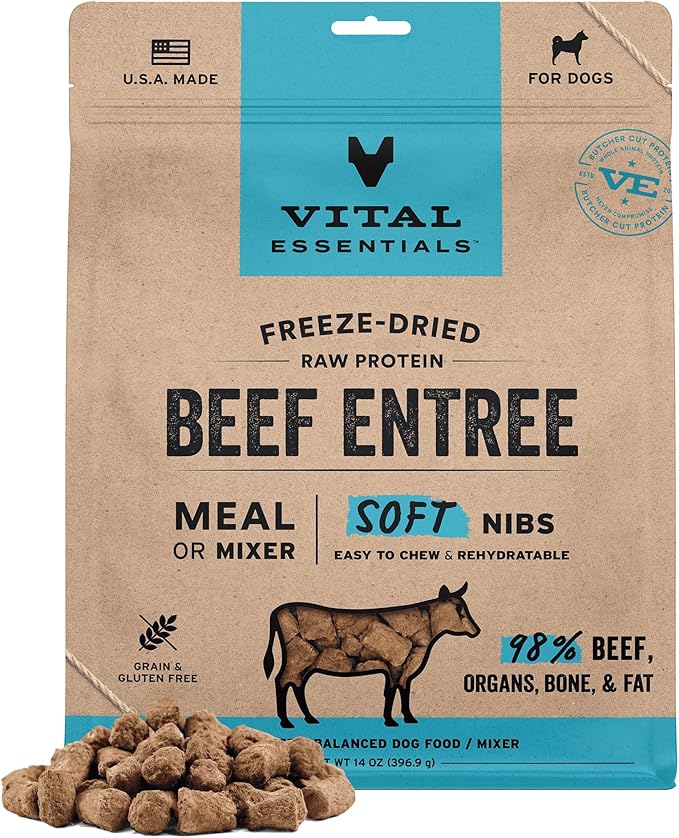 Vital Essentials Freeze Dried Dog Food, Raw Beef Soft Nibs | Complete Meal or Mixer | 98% Beef, Organs & Bone | High Protein, Low Carb, Grain Free, Dry Dog Food | 14 oz