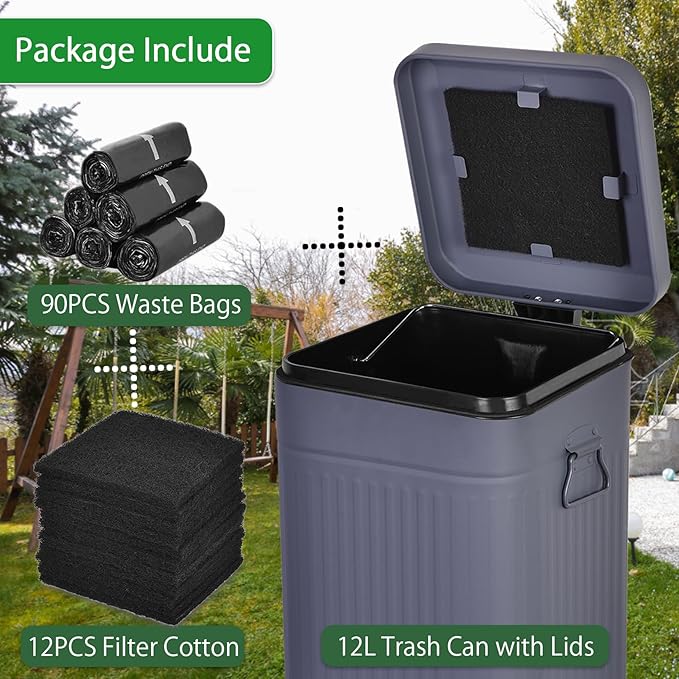 Dog Poop Trash Can with Lid for Outdoors，3.2 Gallon Trash Can with Activated Carbon Filter & Plastic Bags, Pet Waste Container，UP12L-GY-F+90BK