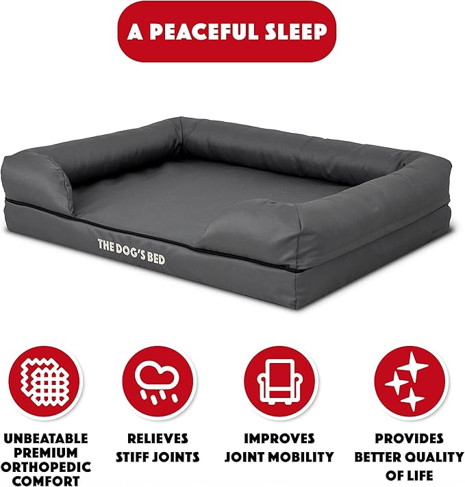 The Dog’s Bed Orthopedic Memory Foam Dog Bed with Bolsters, Oxford Fabric, Grey with Black Trim, Medium