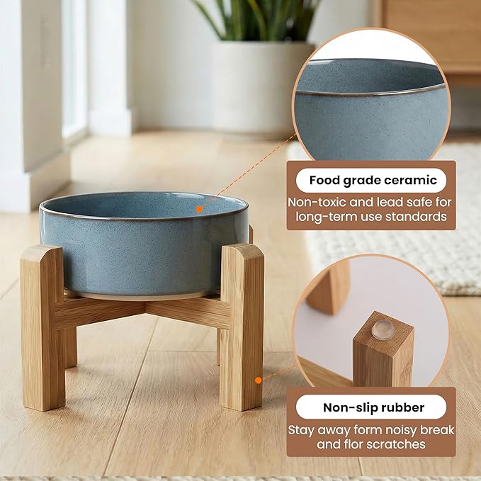 hjn Elevated Ceramic Dog Bowl with Bamboo Stand, Raised Pet Feeding Station for Small Medium Dogs Cats, Modern Design with Anti-Slip Base (Gray Blue, 3.6Cup)