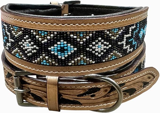 Majestic Ally Padded Leather Dog Collar, Multi-Color Beaded Diamond Design, Handcrafted (Large, Diamond Beadwork)