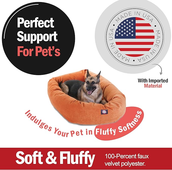 Majestic Pet 52 Inch Micro Velvet Calming Dog Bed Washable – Cozy Soft Round Dog Bed with Spine for Head Support - Fluffy Donut Puppy Mat 52x35x11 (inch) X- Large – Orange