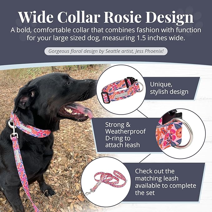 Lucky Love Dog Wide Dog Collar - Adjustable, Durable, Soft Webbing, & Comfortable 1.5 inch Wide Collar with Strong Buckle for Dogs Male and Female with Strong Buckle - Rosie, Large