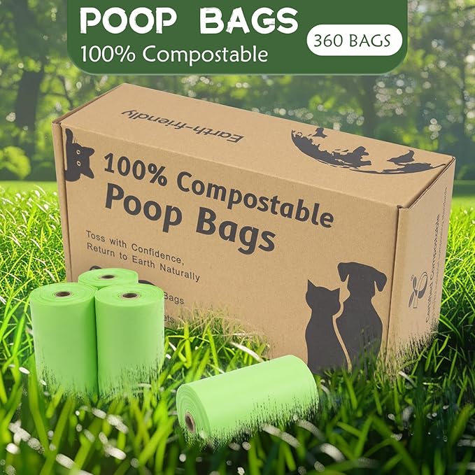 Loveishere 100% Compostable & Biodegradable Poop Bags (Green), Certified by ASTM D6400 and EN 13432, 20 Micron Thick, Guaranteed Leak Proof (360 Bags, 24 Rolls)