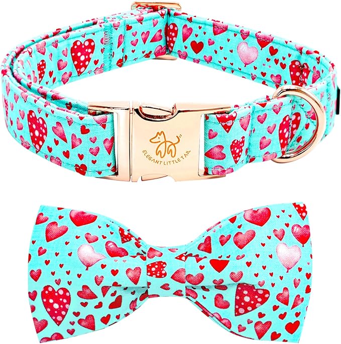 Elegant little tail Valentine's Dog Collar, Cute Pink Heart Pet Collars with Bow Soft Dog Collar Female or Male Adjustable Cotton Pet Collars for Small Medium Large Dogs