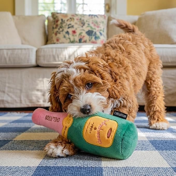 CHEWFFON Enrichment Dog Toys, Interactive Squeaky Champagne Bottle Puppy Toy for Boredom, Plush Present Birthday Toy for Small and Medium Dogs