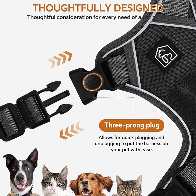 Heavy Duty Tactical Dog Harness for X-Large Dogs, No Pull Dog Harness with Handle & Front Clip, Reflective Soft Padded, Hook and Loop Panel, Dog Vest for Walking, Service Training, Black