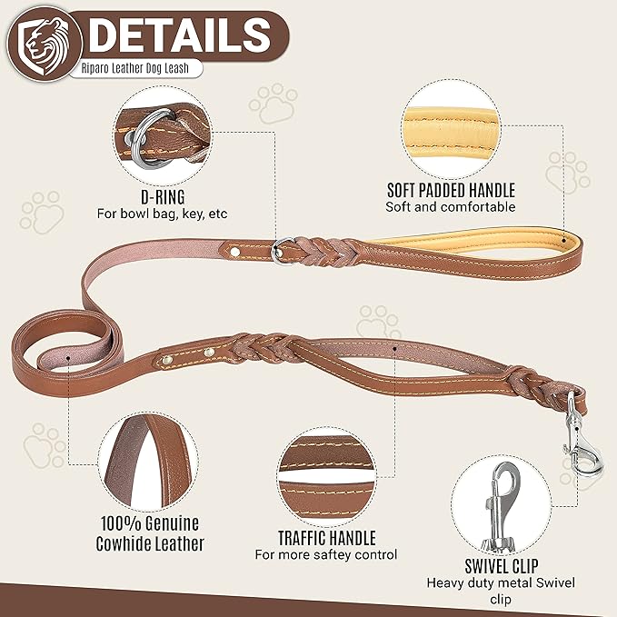 Riparo Leather Dog Leash 6ft with 2 Handles Padded Traffic Handle for Extra Control, Leather Dog Leashes for Large Breed Dogs Training Walking Heavy Duty Leashes for Dogs (Brown, L: 3/4" x6ft)