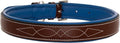 Exion Geniun Leather Dog Collar Designer Stitched Soft Leather Padded- Suitable for Small Medium Large X-Large Dogs for Walking Running- Oak Brown with Blue Padding