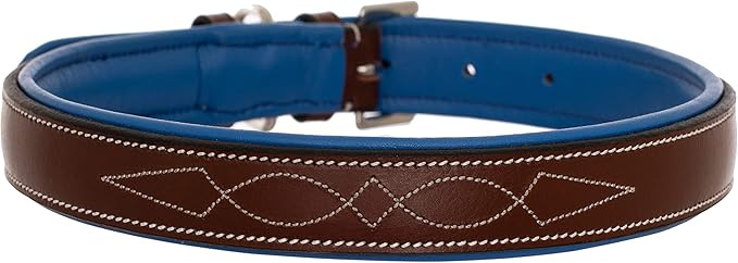 Exion Geniun Leather Dog Collar Designer Stitched Soft Leather Padded- Suitable for Small Medium Large X-Large Dogs for Walking Running- Oak Brown with Blue Padding