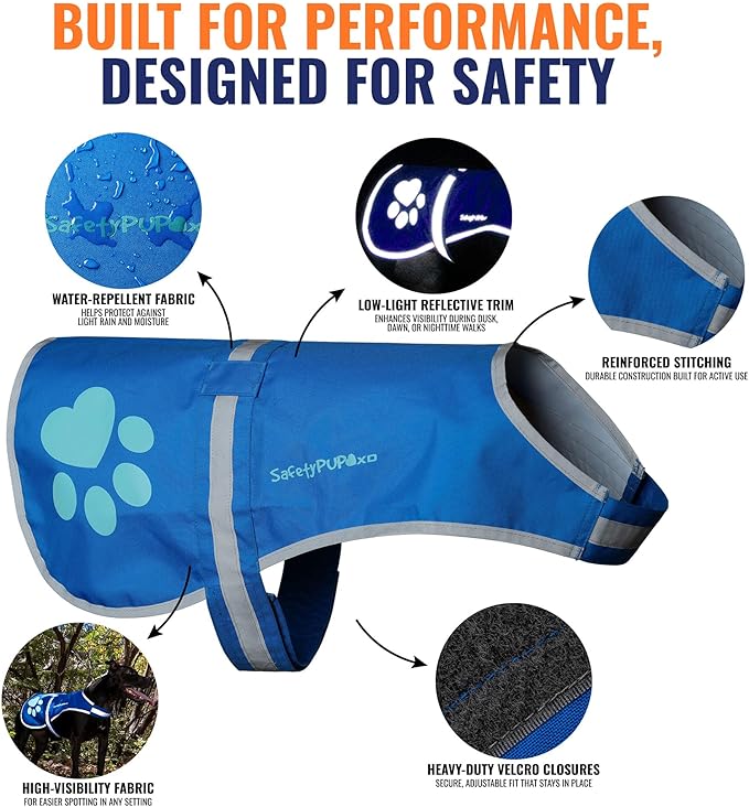 SafetyPUP XD Dog Reflective Vest – Hi-Vis Fluorescent Visibility That Helps to Safeguard Your Pet On/Off Leash in Urban & Rural Areas (Blue, X-Small)