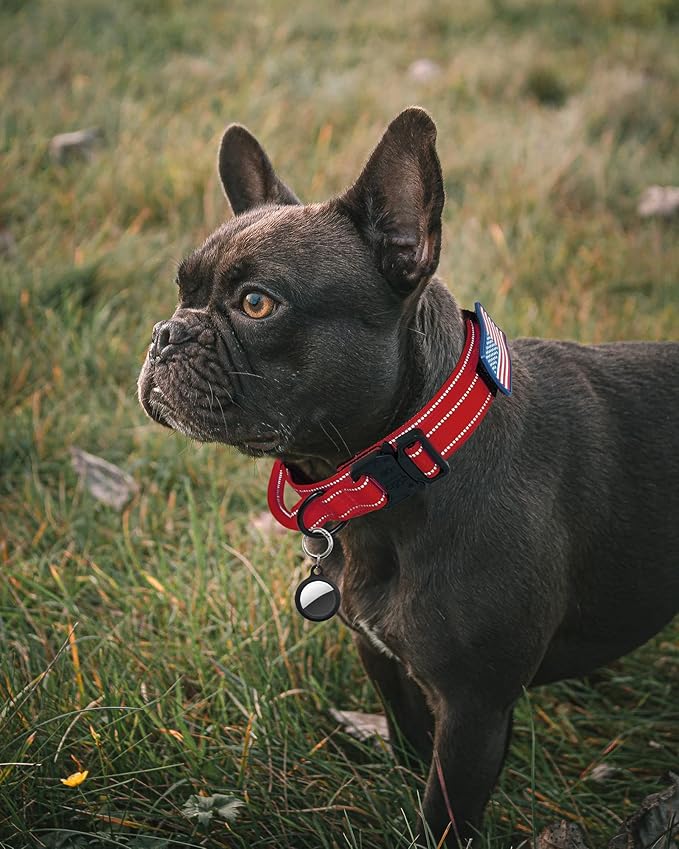 AUBELL Reflective Tactical Dog Collar,Adjustable Military Heavy Duty K9 Collars with Handle and Quick Release Metal Buckle Great for Medium Dogs, with Airtag Case and 2 Patches (Red,M)