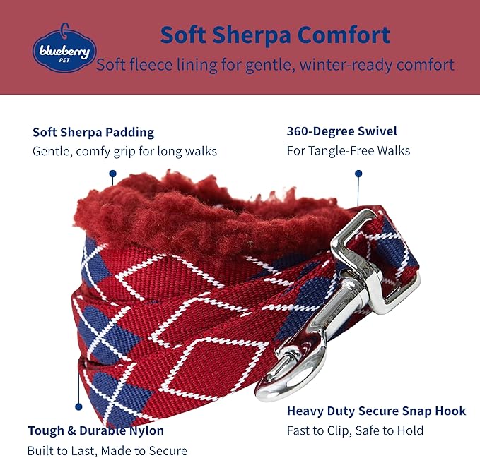 Blueberry Pet Scottish Argyle Fleece Padded Dog Leash with Soft & Comfortable Handle, 5 ft x 5/8", Merlot Red, Small, Leashes for Dogs