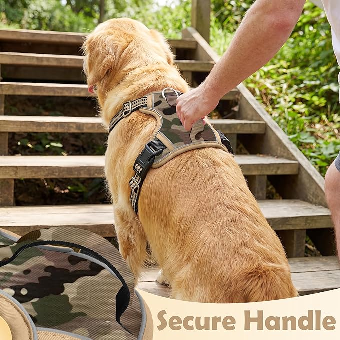 Funfox Dog Harness No Pull, Adjustable Pet Vest Harness, Super Soft Material with Vertical Handle Easy Control, Reflective Night Walking, 2 Leash Clips for Medium Sized Dogs, Camo Brown, M