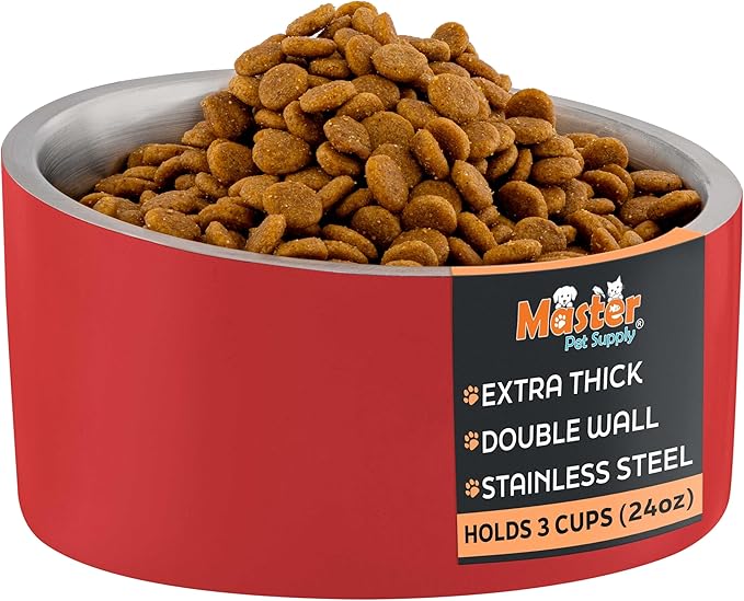 Master Pet Supply Stainless Steel Slanted Dog Cat Food Bowl - 24 oz Heavy Duty - Crimson Flame, Double Wall Insulated, Non-Slip Elevated Bowl for French Bulldogs Pugs Cats, Anti Rust Dishwasher Safe