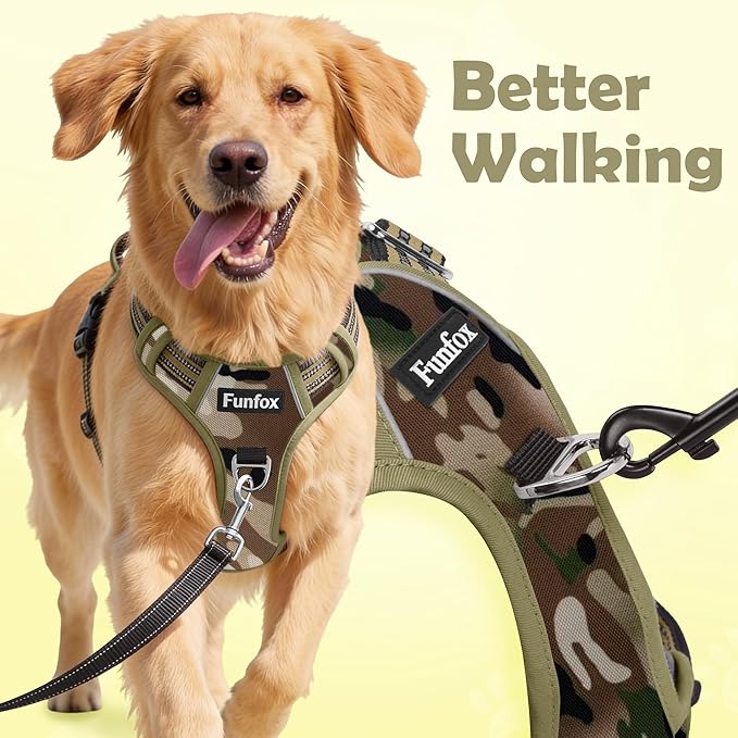 Funfox Dog Harness No Pull, Adjustable Pet Vest Harness, Super Soft Material with Vertical Handle Easy Control, Reflective Night Walking, 2 Leash Clips for Medium Sized Dogs, Camo Green, M