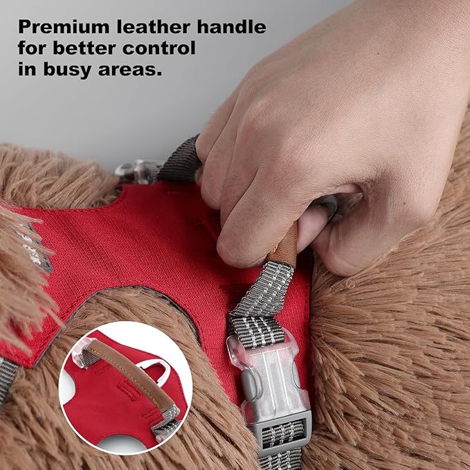 No Pull Dog Harness – Adjustable Reflective Nylon Vest for Small Medium Large Dogs, Escape Proof Training Harness with Leather Control Handle, Lightweight Aluminum Hardware (Red, M)