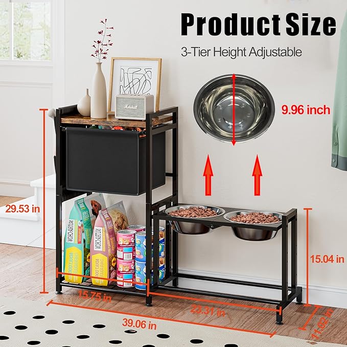 Elevated Dog Bowl with Toy Bin Basket Adjustable Raised Feeding Station Cabinet with 2 Stainless Steel Bowl Pet Storage Organizer for Small Medium Large Dogs and Cats with Non-Slip Mats