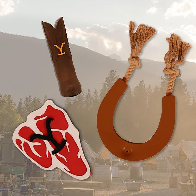 design LAB, Inc. Official Yellowstone Merchandise | Toy Bundle - Variety Gift Set for Yellowstone Fans with Dogs | Squeaky Toys Include Branded Beef Steak, Western Horseshoe, and Cowboy Boot