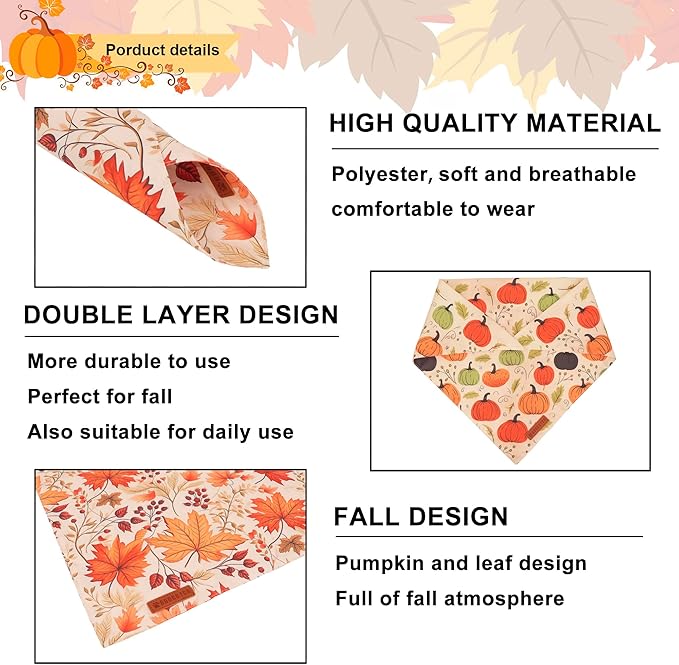 ADOGGYGO Fall Dog Bandana, Pumpkin Maple Leaf Autumn Thanksgiving Pet Scarf, Adjustable Fit Fall Bandanas for Small Dogs Pets (Small)