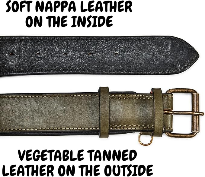 Real Leather Dog Collar Padded Soft Interiors with Premium Vintage Look Handcrafted Heavy Duty with Tag Ring for Small Medium and Large Pets (X-Large (1.75" Wide for 20" - 24" Neck), Olive)