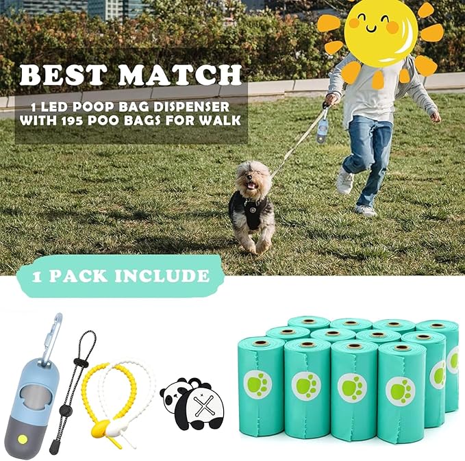 Dog Waste Bags Holder with LED Flashlight Doggie Poop Bags Dispenser with 13 Rolls Leak-Proof Pet Trash Bags Rechargable USB Cable(Sky Blue)