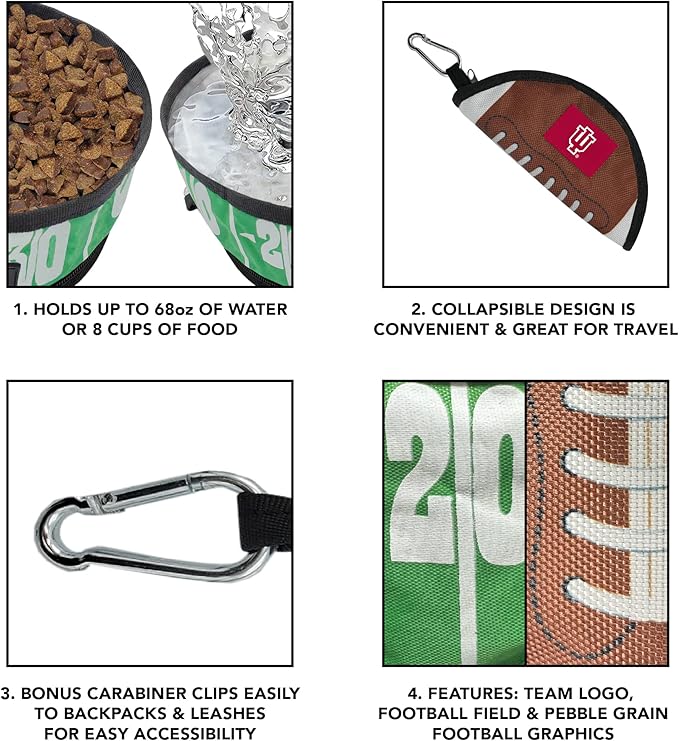 Pets First NCAA Indiana Hoosiers Collapsible Dog Travel Bowl, Food and Water Bowl for Dogs & Cats. Lightweight Leak-Proof Pet Bowl for Travel with Football Field & Pebble-Grain Design