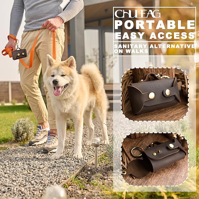 Handmade Leather Dog Poop Bag Dispenser - Stylish and Durable with Belt Attachment for Dog Walkers, Featuring a Brass Metal Clip in Coffee