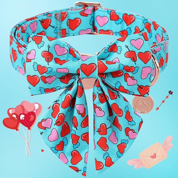 DOGWONG Valentine Dog Collar with Bow, Blue Heart Dog Collar Durable Soft Cotton Pet Dog Collar Cute Heart Valentines Day Puppy Necklace for Small Medium Large Dog
