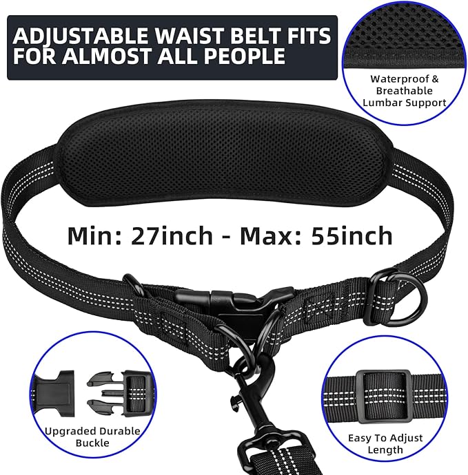 Hands Free Double Dog Leash with Pouch, Dual Leash for 2 Dogs with Reflective Padded Handles, Durable Bungee and Lumbar Waist Belt for Walking, Jogging and Running (Medium/Large, 25-120 lbs)