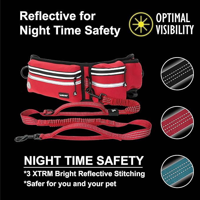 Kruz Hands Free Dog Leash (Waist 26”- 48”, Leash- 1”x 5ft) Premium Waist Belt for Walking, Running, & Hiking, Bungee with Dual Handles, Adjustable Fit, Reflective Safety Design for Large Dogs (Red)