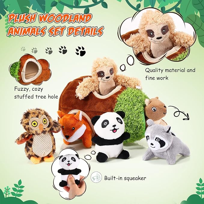 Skylety 7 Pieces Hide and Seek Dog Toys Activity Puppy Chew Squeaky Toys Plush Stuffing Woodland Stuffing with Squeakers for Small Medium Pets Dogs Puppy Gift(Cute,Small)