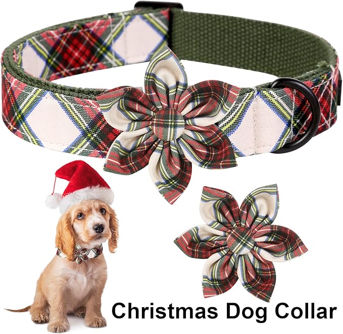 ARING PET Christmas Dog Collar, Cute Xmas Red Green Plaid Detachable Flower Pet Collar with Metal Buckle for Puppy Small Medium Large Boy Girl Dog-L