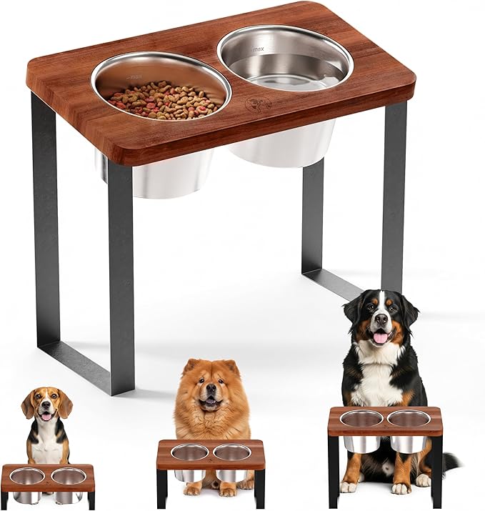 14" Tall Elevated Dog Bowls - Ergonomic Stainless Steel Dog Bowls with 10° Tilt in Acacia Wood Stand for Tall & Large Breed