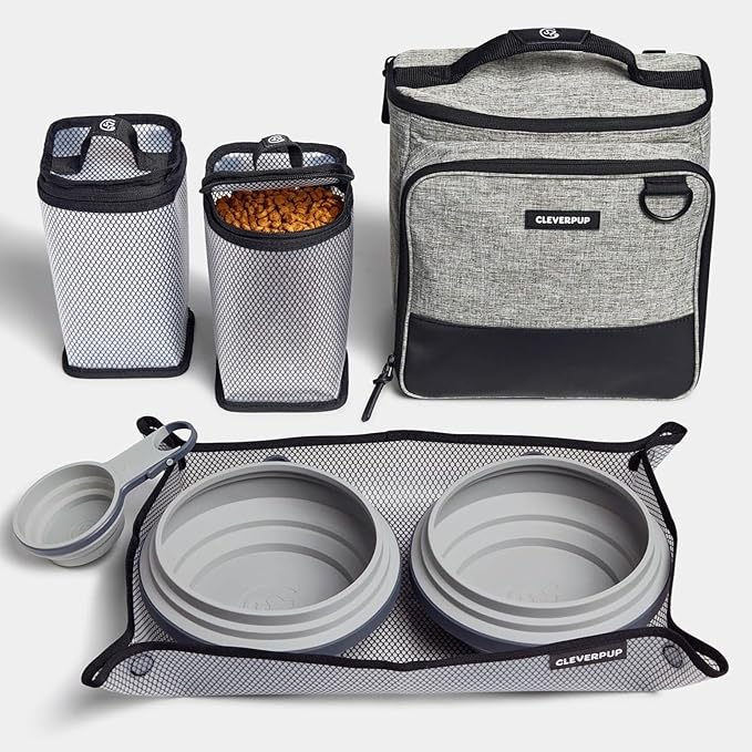 Cleverpup, Large 7-Piece Bistro Box Dog Food Travel Kit, 12-BPA-Free Cup Kibble Storage, 2 Silicone Bowls, Mat & Scoop - Portable Pet Food Kit for Weekends, Overnights, Daycare & Camping, Heather Grey