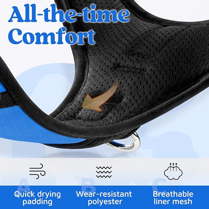 rabbitgoo Dog Harness for Large Dogs, No Pull Pet Vest with 3 Buckles, Adjustable Soft Padded Pet Harness with Easy Control Handle and Reflective Strips, Blue, L