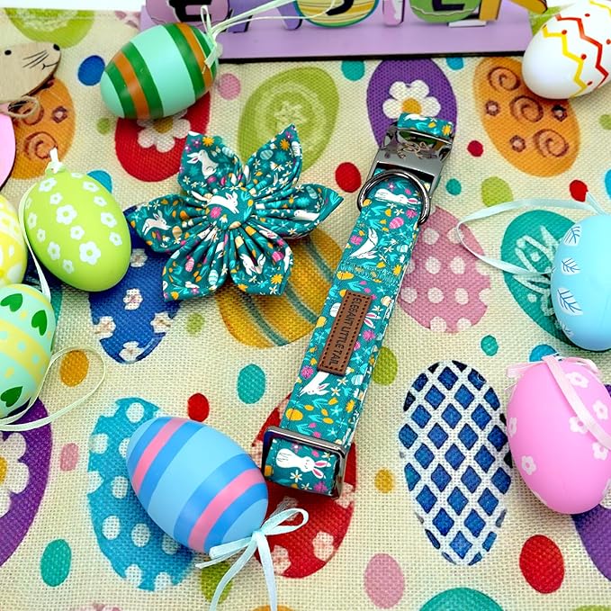 Elegant little tail Easter Dog Collar, Bunny Print Puppy Collar with Flower Girl Boy Pet Collars Flower Spring Holiday Pet Collar Adjustable Dog Collars for Large Puppy