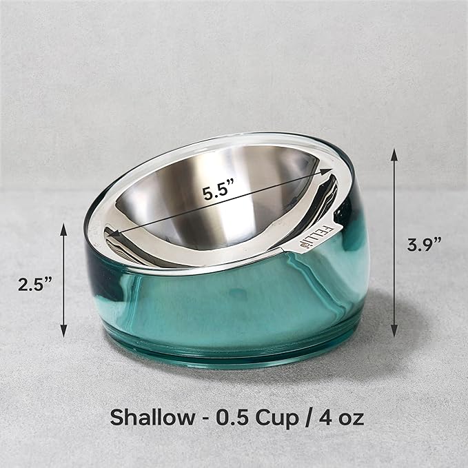 Felli Oblik Elevated Cat Bowl Removable Stainless Steel Wide Dish for Dry Wet Food Feeding & Dishwasher Clean, Slanted Whisker Fatigue Friendly Metal Plate (Classic, 0.5 Cups Shallow Dish)